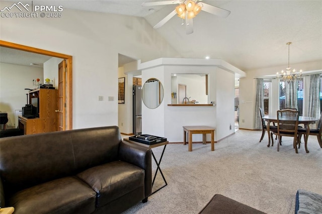 6627 Wagon Ridge Dr, Colorado Springs, CO 80923 - living area featuring carpet, ceiling fan with notable chandelier, baseboards, and lofted ceiling