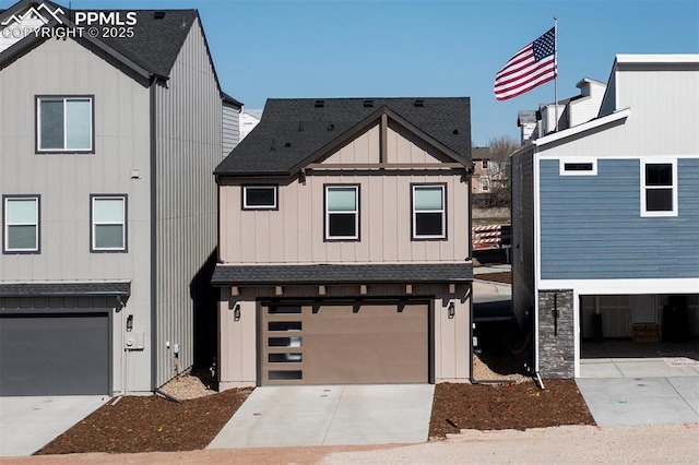 3064 Curly Grv, Colorado Springs, CO 80922 - view of front of house featuring an attached garage, roof with shingles, board and batten siding, and driveway