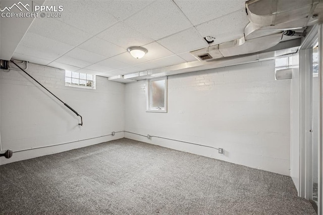basement with carpet floors and a drop ceiling