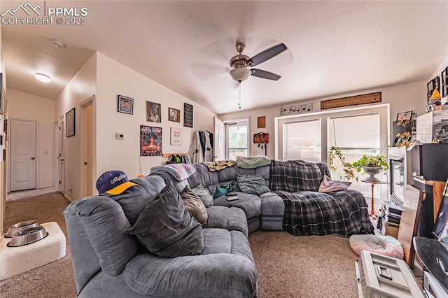 735 E Vermijo Ave, Colorado Springs, CO 80903 - carpeted living room with lofted ceiling and a ceiling fan