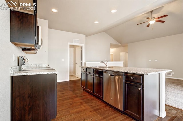 kitchen with range, stainless steel dishwasher, a ceiling fan, visible vents, and lofted ceiling