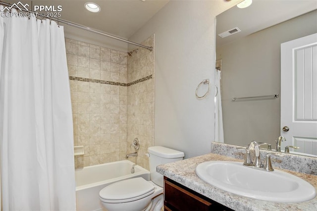 full bathroom with shower / bath combination with curtain, vanity, visible vents, recessed lighting, and toilet