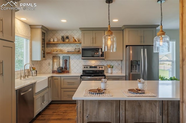 kitchen with open shelves, dark wood-style flooring, light countertops, a sink, and stainless steel appliances