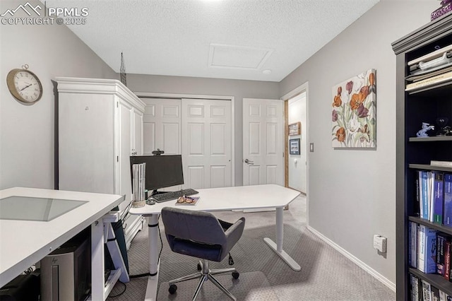 office area featuring carpet floors, baseboards, and a textured ceiling