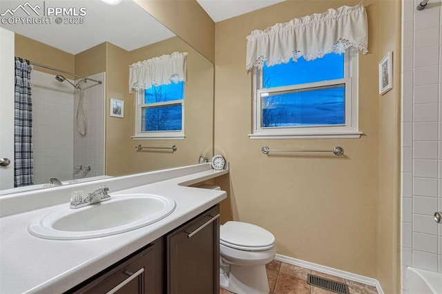 bathroom with visible vents, baseboards, vanity, toilet, and shower / bath combo with shower curtain