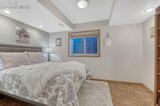 bedroom featuring baseboards, recessed lighting, carpet floors, and visible vents