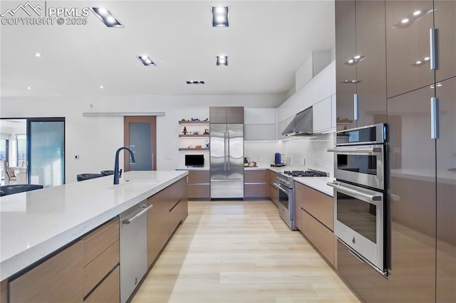 kitchen featuring modern cabinets, high quality appliances, a sink, and light wood-type flooring