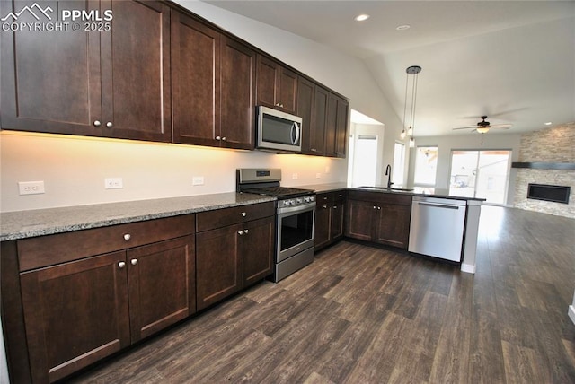 kitchen featuring dark wood-style flooring, vaulted ceiling, ceiling fan, stainless steel appliances, and a sink