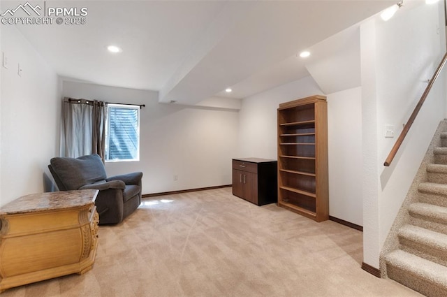 3828 Breaking Dawn St, Colorado Springs, CO 80925 - unfurnished room with recessed lighting, stairs, light colored carpet, and baseboards