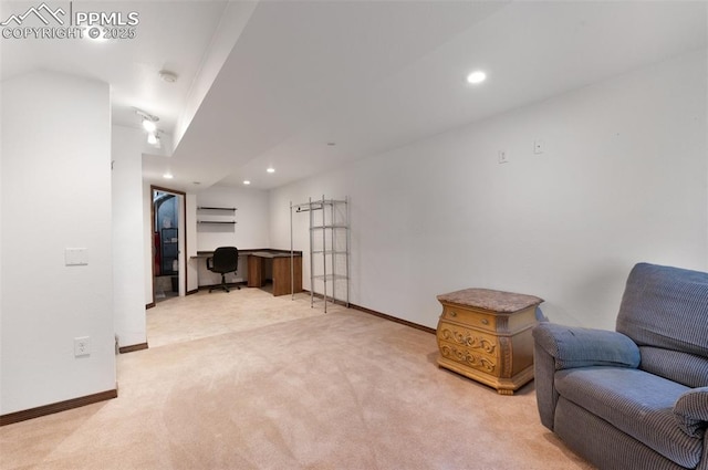 3828 Breaking Dawn St, Colorado Springs, CO 80925 - living area with carpet flooring, baseboards, lofted ceiling, and recessed lighting