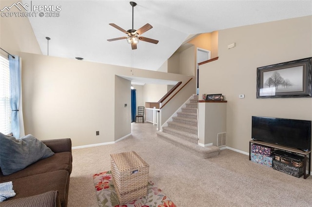 3828 Breaking Dawn St, Colorado Springs, CO 80925 - living room with visible vents, baseboards, a ceiling fan, carpet floors, and stairway