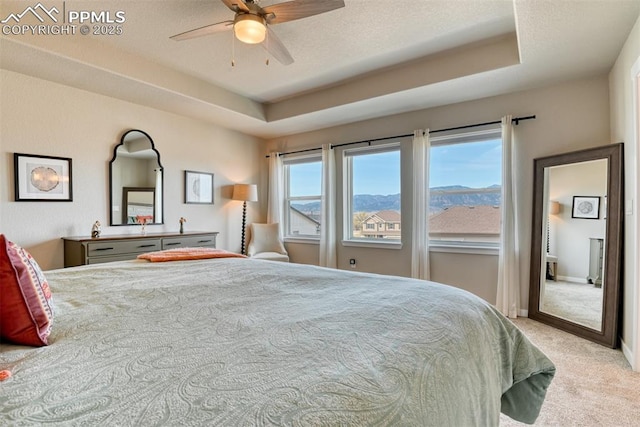 bedroom with a tray ceiling, baseboards, carpet, and a textured ceiling