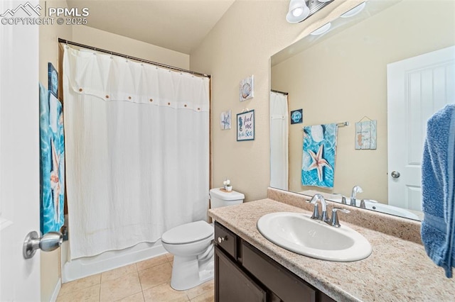 7814 Dry Willow Way, Colorado Springs, CO 80908 - bathroom with toilet, tile patterned floors, shower / bathtub combination with curtain, and vanity