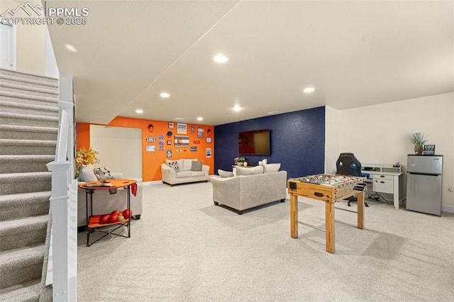 7814 Dry Willow Way, Colorado Springs, CO 80908 - carpeted living room featuring baseboards, stairway, and recessed lighting