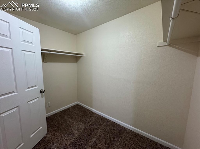 walk in closet featuring dark carpet