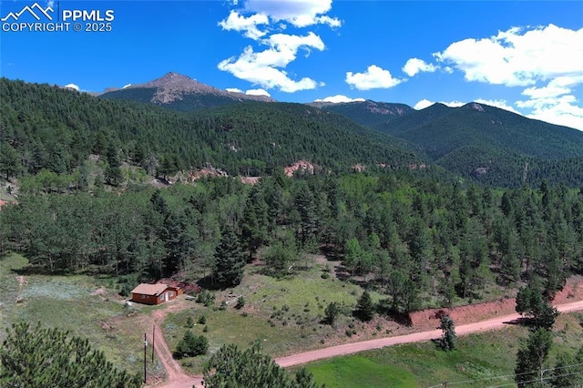 property view of mountains featuring a wooded view