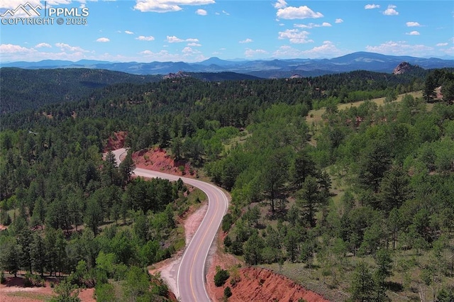 birds eye view of property with a wooded view and a mountain view