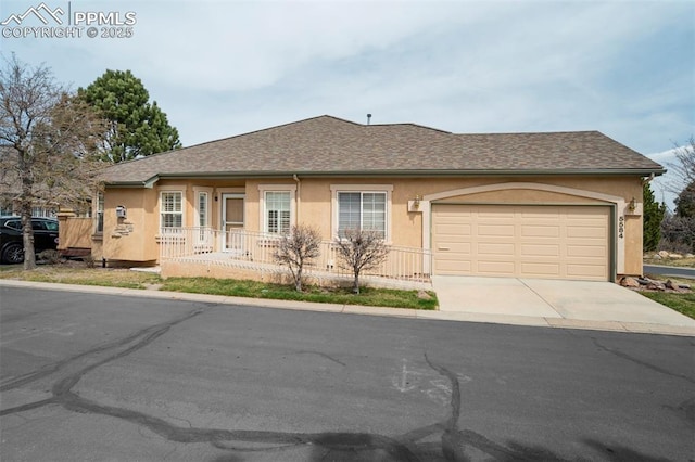 5584 Sonnet Hts, Colorado Springs, CO 80918 - ranch-style house with concrete driveway, a shingled roof, a garage, and stucco siding