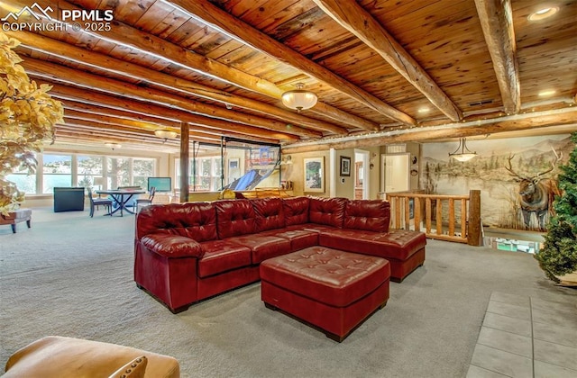 carpeted living area featuring beamed ceiling and wooden ceiling