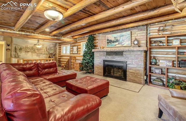 carpeted living area featuring a large fireplace, beam ceiling, log walls, and wood ceiling