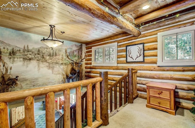 hallway featuring an upstairs landing, wood ceiling, light carpet, log walls, and beam ceiling