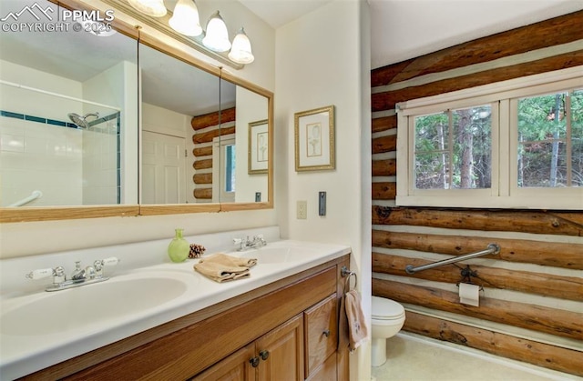 full bath featuring log walls, a sink, and toilet