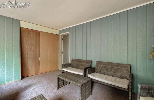 living area featuring wooden walls and carpet flooring