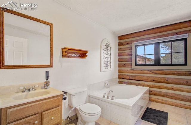 full bathroom featuring a bath, rustic walls, toilet, tile patterned flooring, and vanity