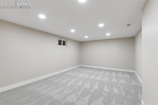 finished basement with baseboards, carpet floors, and recessed lighting
