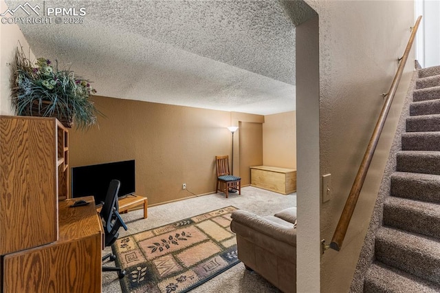 1951 Giltshire Dr, Colorado Springs, CO 80905 - carpeted living area featuring a textured wall, stairs, and a textured ceiling