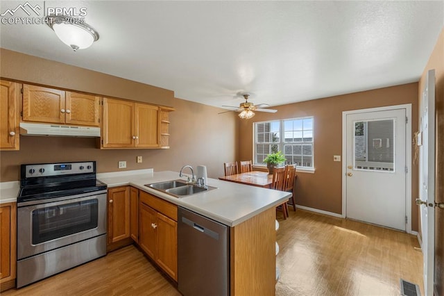 1951 Giltshire Dr, Colorado Springs, CO 80905 - kitchen featuring a peninsula, under cabinet range hood, a sink, stainless steel appliances, and light wood finished floors