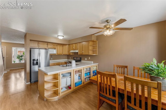 1951 Giltshire Dr, Colorado Springs, CO 80905 - kitchen featuring light wood-type flooring, a peninsula, open shelves, appliances with stainless steel finishes, and under cabinet range hood
