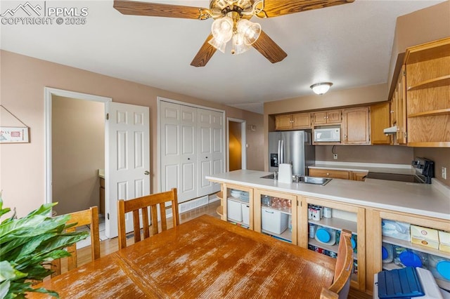 1951 Giltshire Dr, Colorado Springs, CO 80905 - kitchen featuring open shelves, light countertops, a ceiling fan, a peninsula, and stainless steel appliances