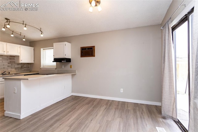 138 Hoedown Cir, Fountain, CO 80817 - kitchen featuring a wall mounted air conditioner, light wood-style floors, white cabinets, and exhaust hood