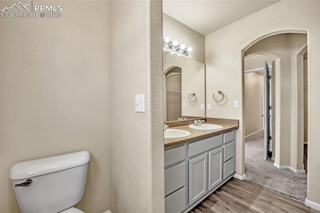 bathroom featuring wood finished floors, a sink, double vanity, and toilet