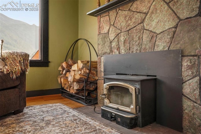 room details featuring a wood stove and wood finished floors