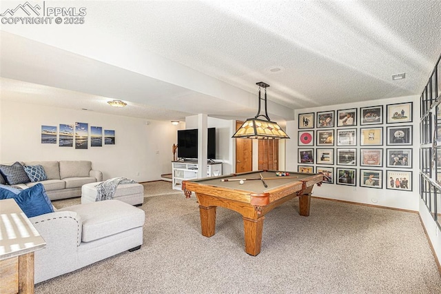 recreation room featuring pool table, a textured ceiling, baseboards, and carpet floors