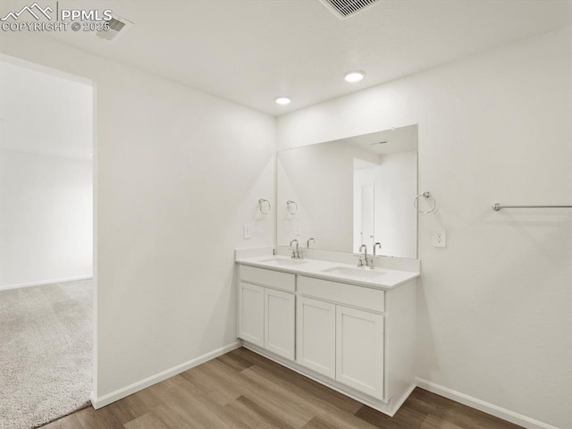 bathroom featuring wood finished floors, a sink, and double vanity