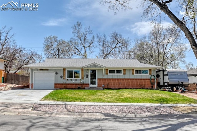 single story home featuring a garage, a front yard, board and batten siding, and fence