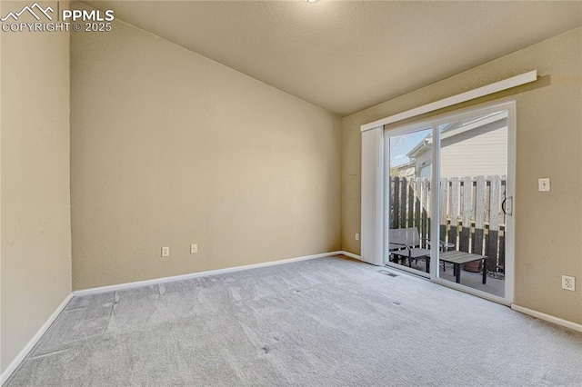 5542 Sunshade Pt, Colorado Springs, CO 80923 - spare room with baseboards, lofted ceiling, and carpet