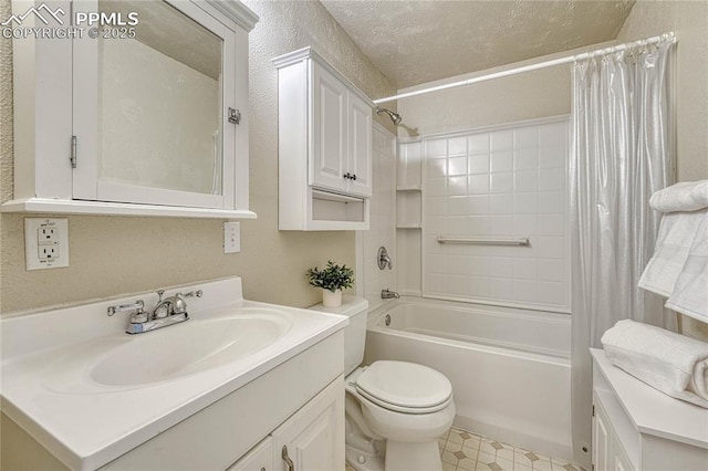 5542 Sunshade Pt, Colorado Springs, CO 80923 - full bathroom with vanity, a textured wall, shower / tub combo with curtain, tile patterned floors, and toilet