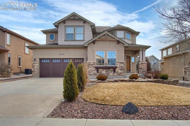 8723 Stony Creek Dr, Colorado Springs, CO 80924 - craftsman-style house with stone siding, stucco siding, driveway, and an attached garage