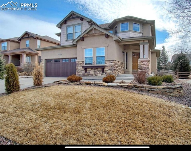 8723 Stony Creek Dr, Colorado Springs, CO 80924 - craftsman-style home featuring stone siding, stucco siding, an attached garage, and concrete driveway