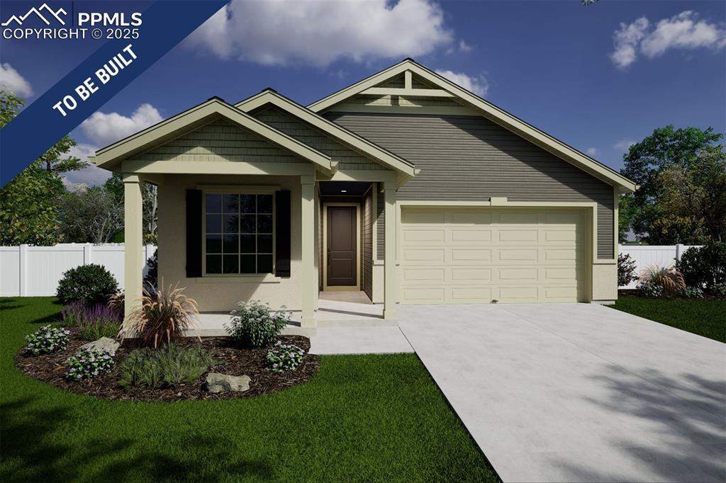 view of front of house with concrete driveway, a front lawn, fence, and an attached garage