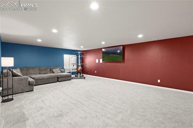 955 S Los Charros Dr, Pueblo West, CO 81007 - carpeted living room featuring baseboards, visible vents, and recessed lighting