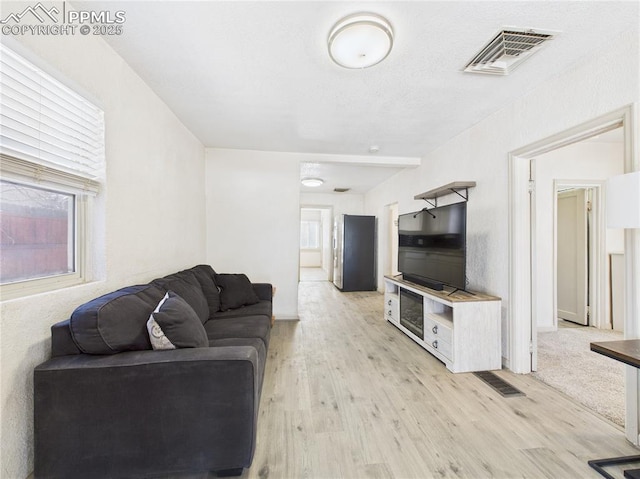 living room featuring a healthy amount of sunlight, light wood finished floors, and visible vents