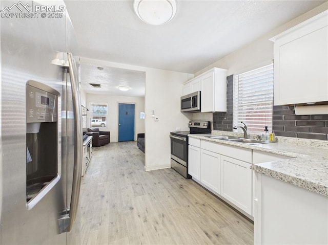 kitchen featuring backsplash, white cabinets, stainless steel appliances, light wood finished floors, and a sink