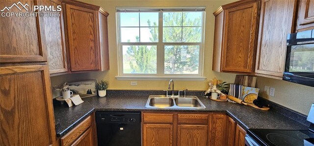 kitchen with brown cabinetry, dishwasher, a sink, and electric stove