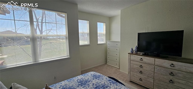 carpeted bedroom with a textured ceiling
