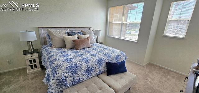 bedroom with a textured wall, baseboards, and carpet floors